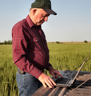 Man typing on laptop in field
