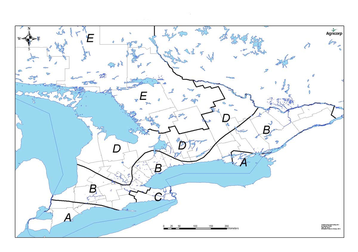 This map shows the five defined coverage areas A, B, C, D and E.