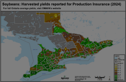 Soybeans: Harvested yields reported for Production Insurance (2024)